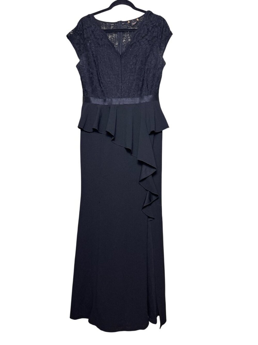 MISSMAY Elegant Floral Lace Ruffle Split Cocktail Party Long Dress Large, Black - Picture 3 of 4